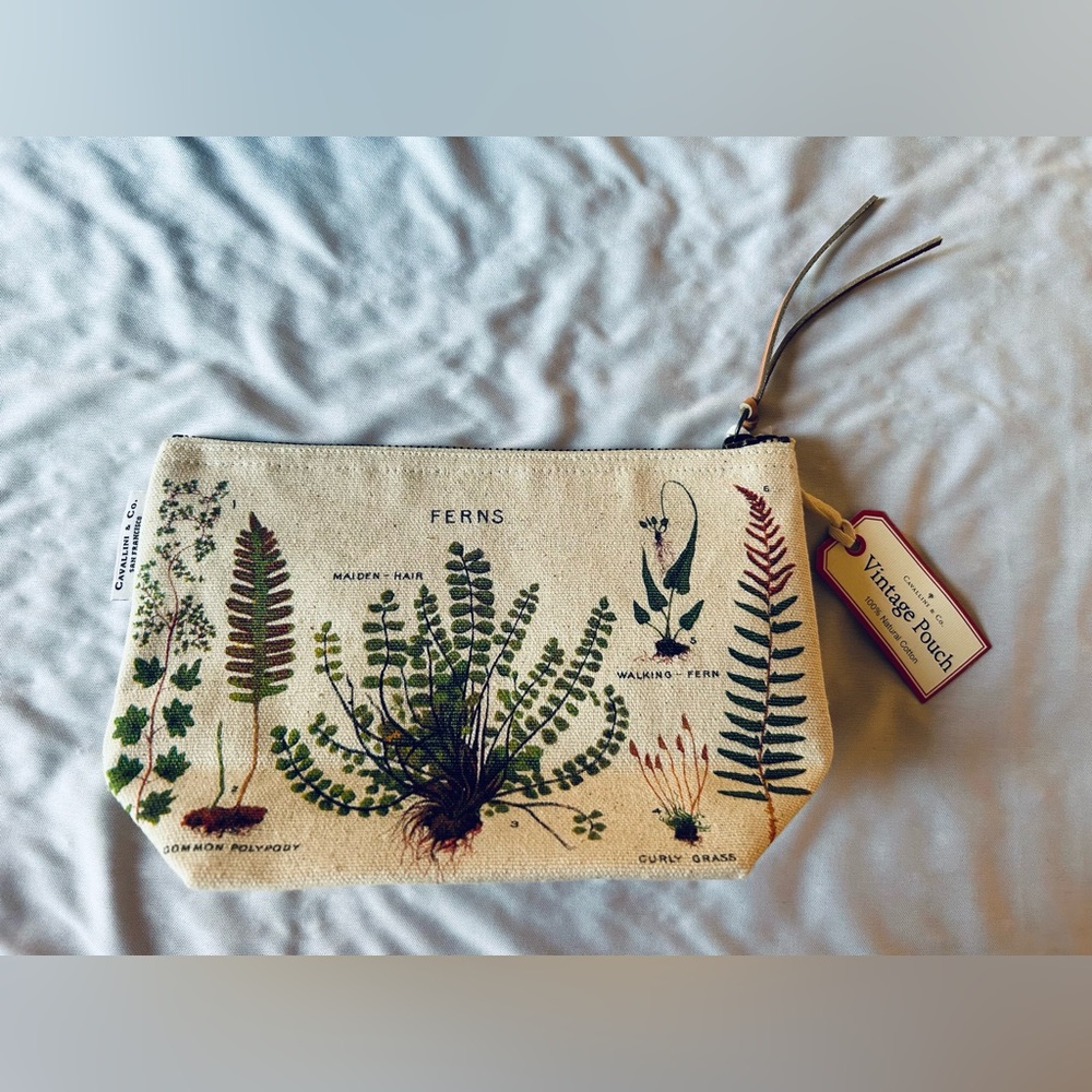Cavallini & Co. Canvas Pouch Makeup Toiletry Bag, Ferns with Leather Pull